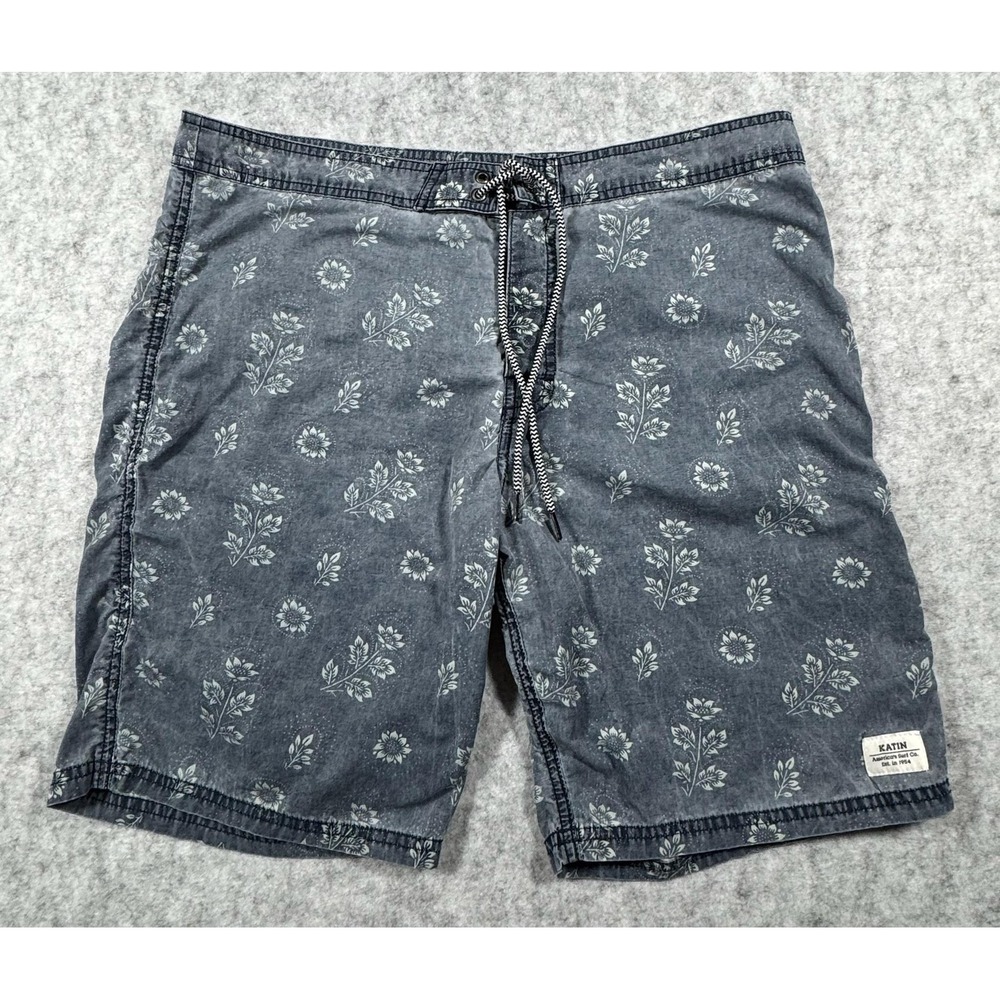 Katin Mens 34 Gray Floral Board Shorts Canvas Surf Swim Trunks